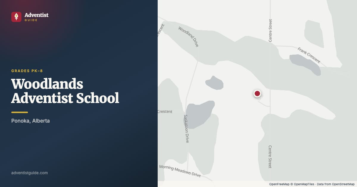 Map showing Woodlands Adventist School in Ponoka, Alberta